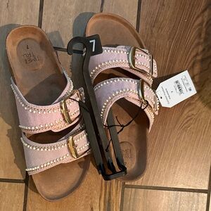 Time and Tru Pink Double Buckle Pearl Trim Sandals